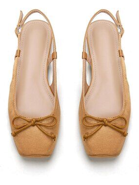 Women's Brown Slingback Square Toe Bow Knit Ankle Buckle Satin Ballet Flats